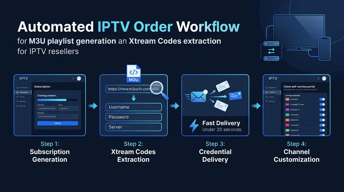 M3U playlist generator dashboard showing automated Xtream Codes extraction and credential delivery for IPTV resellers